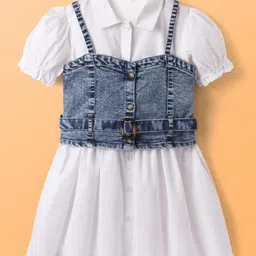 Hola Bonita Cotton Woven Half Puffed Sleeves Solid Color Dress with Denim Jacket -Off White & Blue image 2
