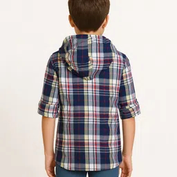 CAVIO Cotton Woven Full Sleeves Checked Hooded Shirt & Puzzle Pieces Printed Tee Set - Navy Blue image 3