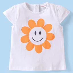 Babyhug Single Jersey Knit Dungaree & Half Sleeves T-Shirt Floral Print - White & Navy Blue image 3