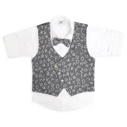 BAD BOYS Satin Woven Full Sleeves Alphabets Printed 3 Piece Party Suit Set With Bow - Grey image 4