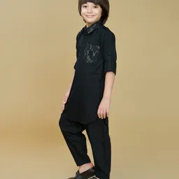 Ministitch Cotton Silk Woven Full Sleeves Foil Printed Pathani Kurta And Pant Set - Black image 4