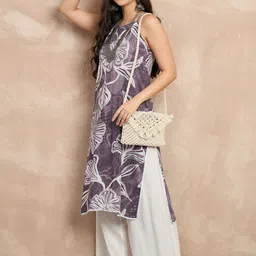 Anouk Floral Printed Halter Neck No Sleeves Straight Kurti with Palazzos image 3