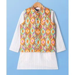 Pine Kids Cotton Woven Full Sleeves Striped Kurta Pyjama Set with Ikkat Print Jacket - White image 5
