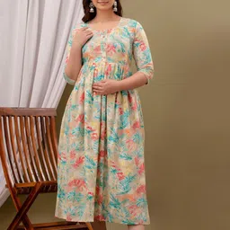 FASHDHUN Floral Printed Thread Work Cotton Fit & Flare Maternity Ethnic Dress image 3