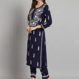 PARAMOUNT CHIKAN Navy Embroidered Chikankari Kurta Pant Set image 3