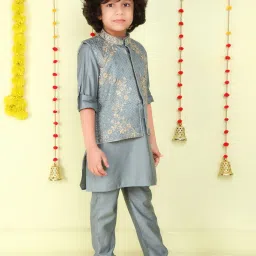 Ministitch Boys Grey Cotton Silk Embroidered Regular Fit Kurta Set image 3