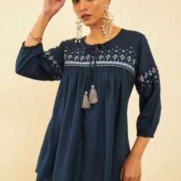 Soch Womens Navy Blue Rayon Embroidered Alia-Cut Tunic With Tie-ups-picture-29