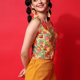 PURVAJA Yellow Floral Print Crop Top image 3
