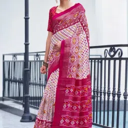 Satrani White & Pink Printed Saree With Unstitched Blouse-picture-17