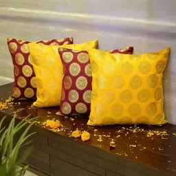 RoyalDeco Yellow & Maroon 4 Pieces Ethnic Motifs Brocade Square Cushion Covers-picture-11
