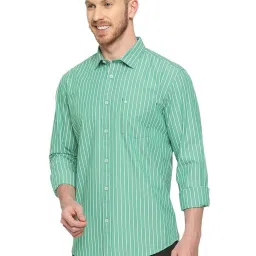 Basics Green Cotton Slim Fit Striped Shirt image 3