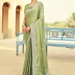 Satrani Green Embroidered Saree With Unstitched Blouse-image-12
