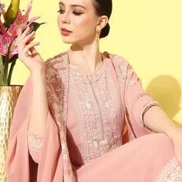 Kvsfab Women Floral Embroidered Regular Kurta with Palazzos & With Dupatta image 3