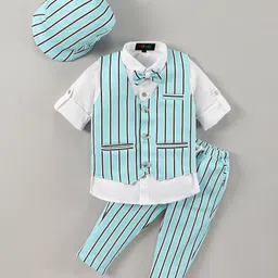 Robo Fry Full Sleeves Striped 3 Pieces Party Suit With Bow & Cap - Sea Blue-picture-22