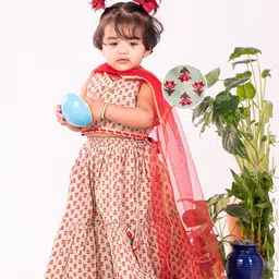 Vastramay Cotton Sleeveless  Floral Printed Lehenga Choli With Dupatta Set - Mint Green-picture-40