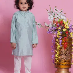Little Bansi Full Sleeves Floral Foil Printed Kurta With Solid Pyjama - Dolphin Blue-picture-12