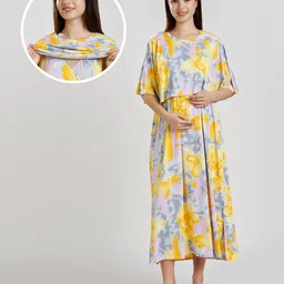 True Shape Embosis Hosiery Half Batwing Sleeves Tie Dye & Floral Printed Maternity Poncho Dress With Nursing Access - Yellow-image-95