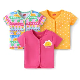 Babyhug Interlock Knit Half Sleeves Antibacterial Open Vest With Polka & Floral Print Pack Of 3 - Yellow & Pink-picture-29