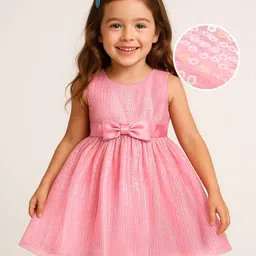 Babyhug Woven Sleeveless Mesh Party Dress with Bow Applique & Sequin Detailing - Pink-picture-31