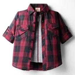 Rikidoos Cotton Woven Full Sleeves Checked Shirt With Attached Tee - Maroon & Melange-picture-11