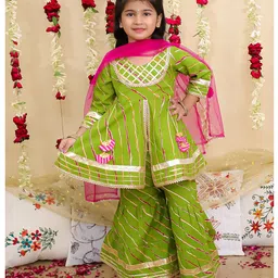 BownBee Pure Cotton Lurex Woven Three Fourth Sleeves Leheriya Printed Gota Lace Embellished Coordinating Kurti Sharara With Dupatta Set - Green-picture-26