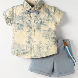 ToffyHouse Cotton Woven Half Sleeves Printed Party Shirt & Shorts With Bow & Suspender - Blue-picture-37