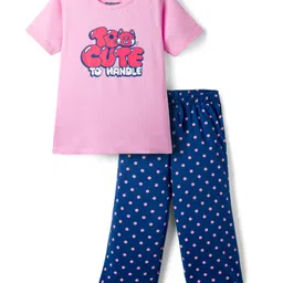 Pine Kids Cotton Knit Half Sleeves Capri Night Suit With Text Print - Pink & Blue-image-79