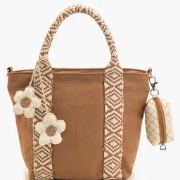Boho girl Desert Bloom Geometric Woven Tote Bag with White Tassels and Built-in Zip Pouch Camel Color Spacious Eco-Friendly Canvas Handbag-picture-19