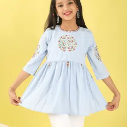 ISHTI Woven Three Fourth Sleeves Striped & Floral Embroidered Peplum Top - Sky Blue-picture-27