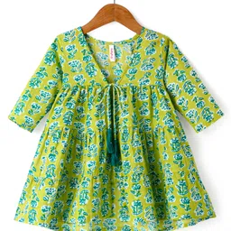 Babyhug Cotton Woven Tiered Frock with Three Fourth Sleeves Floral Printed Tie Up Shrug - Limegreen image 4