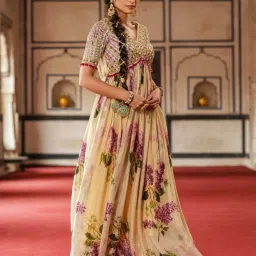 SCAKHI Beige Chinon Silk Floral Print Embellished Gathered Gown image 3