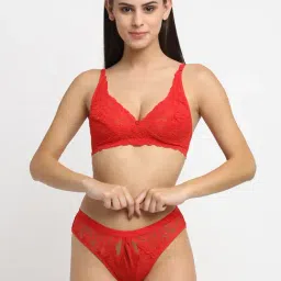 Friskers Red Self Design Bra & Panty Set-image-7