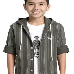 Cavio Boys Dark Green Cotton Striped Shirt-image-42