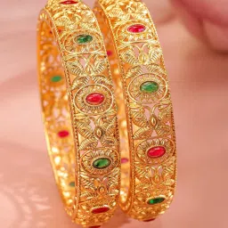 Rubans Set Of 2 Gold-Tone Plated Red & Green Bangles for Women image 3