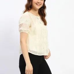 MADAME Cream Cotton Self Design Top image 3