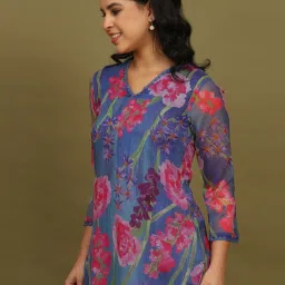 W for Woman Blue Floral Printed Chiffon Gathered Top image 3