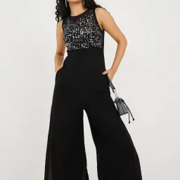 Miss Chase Black Georgette Solid Sleeveless Jumpsuit image 3