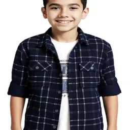 Cavio Boys Navy Cotton Chequered Shirt-image-29