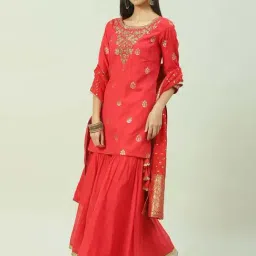 Biba Red Zari Work Kurta Garara Set With Dupatta image 4