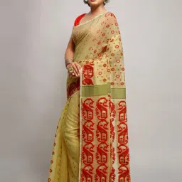 Bengal Handloom Light Beige & Red Art Silk Jamdani Saree Without Blouse image 1