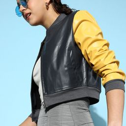 SASSAFRAS Women Navy Blue & Yellow Colourblocked PU Bomber Jacket-picture-31