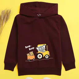 NUSYL Cotton Fleece Unisex Full Sleeves Elephant And Bear On Wheels Print Hooded Sweatshirt - Maroon-picture-10