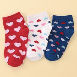 Honeyhap Premium Cotton Bamboo Non Terry Ankle Length Heart Design Socks Pack of 3 - White High Risk Red & Limoges-picture-48