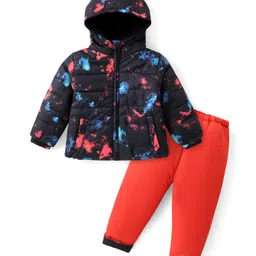 Babyhug Woven Full Sleeves Hooded Puffer Winter Wear Suit With Color Splash Print - Black-picture-23