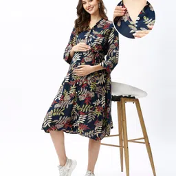 Bella Mama Woven Three Fourth Sleeves Maternity Shirt Dress with Side Pocket Leafy & Floral Print -Navy-picture-36