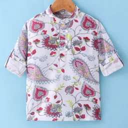 Dapper Dudes Full Sleeves Paisleys & Floral Printed Kurta Style Shirt - Cream-picture-14