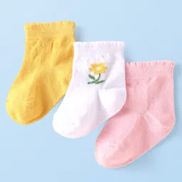 Cute Walk by Babyhug Ankle Length Antibacterial Socks with Floral Design Pack Of 3 - Yellow Pink & White-picture-23