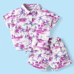 Babyhug Rayon Woven Half Sleeves Co-ords Top & Shorts Set with Beach Theme Print - White-picture-36