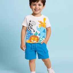 Babyhug Single Jersey Knit Half Sleeves T-Shirt & Shorts Set With Animal Print - White & Blue-picture-28