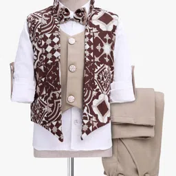 Radutu Full Sleeves Damask Printed 3 Piece Party Suit With Bow Set - Brown & White-image-12